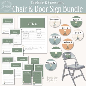 May include: A set of printable door and chair signs for a church or other organization. The signs feature a candle and the text "Doctrine & Covenants". The signs are available in a variety of colors and styles, including sunbeams, valiant, and CTR. The signs are editable, so you can customize them to fit your needs.