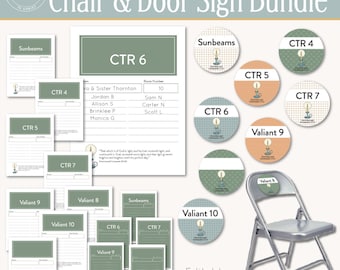 May include: A set of printable door and chair signs for a church or other organization. The signs feature a candle and the text "Doctrine & Covenants". The signs are available in a variety of colors and styles, including sunbeams, valiant, and CTR. The signs are editable, so you can customize them to fit your needs.