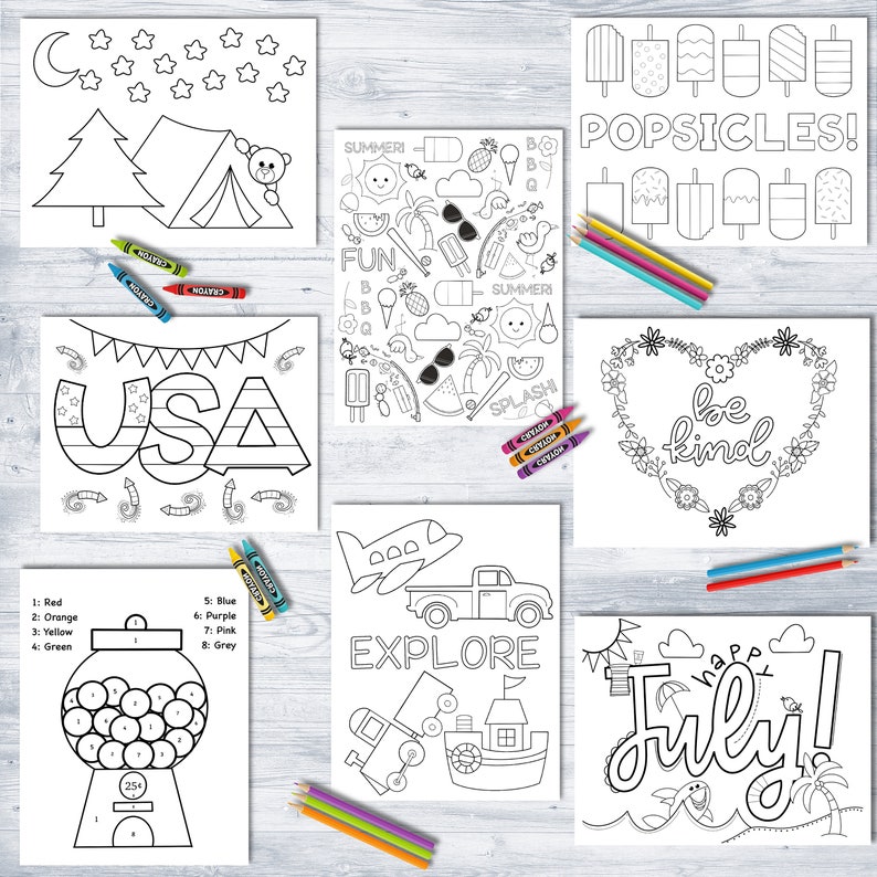 Puede incluir: Una colecci&oacute;n de p&aacute;ginas para colorear con temas de verano y patri&oacute;ticos. Los dise&ntilde;os incluyen la palabra "USA", polos, una m&aacute;quina de chicles y el texto "Happy July!" Se incluyen crayones.