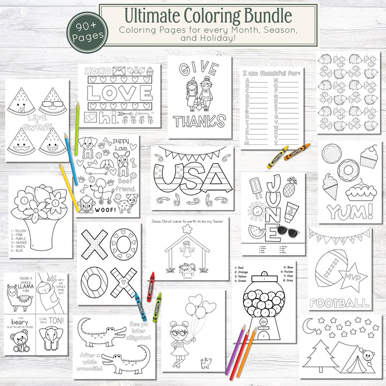 Puede incluir: Un conjunto de p&aacute;ginas para colorear con varios temas, incluyendo amor, animales y festividades. Las p&aacute;ginas presentan contornos de im&aacute;genes y texto, como "LOVE", "USA" y "YUM!". Se incluyen crayones.