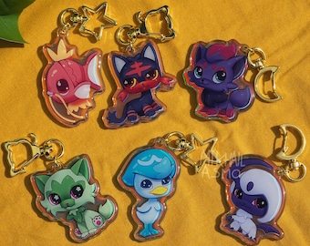 Littlest Pet shop inspired pocket monsters Rainbow double sided acrylic charms Litten, Magikarp, Zorua, Absol, Sprigatito, Quaxly