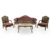 Althaea Frutex, French Louis XV Style, Silver Leaf, French Pictorial toile, Tufted Rose Taupe Velvet, Living Room Set