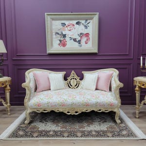 Vintage French Floral Settee Sofa | Rococo Carved Wood Loveseat | Shabby Chic Romantic Cottage Core