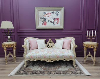 Vintage French Floral Settee Sofa | Rococo Carved Wood Loveseat | Shabby Chic Romantic Cottage Core