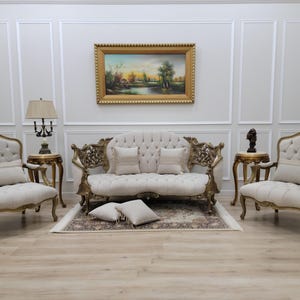 Vintage Living Room Furniture Set: Distressed Wood Frame, Tufted Velvet Sofa, and Armchair Pair
