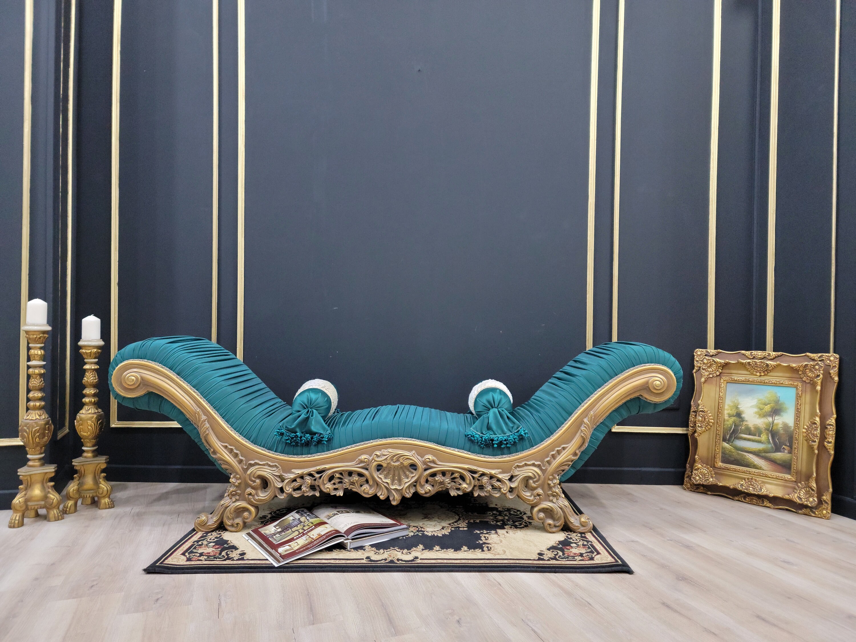 French Style Chaise Lounge Aged Gold Leaf Finish Frame Hand