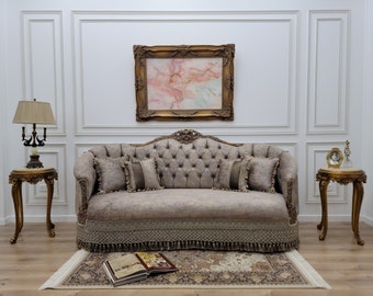 French vintage sofa, aged gold leaf finish, patterned velvet upholstery