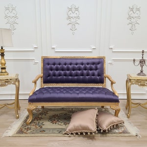 Vintage French Settee: Antique Gold Leaf, Purple Tufted Satin