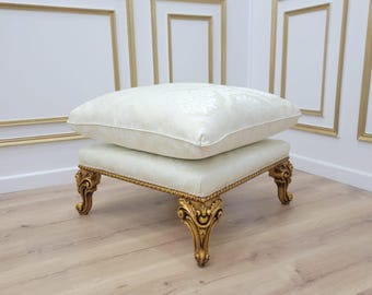 Mid 20th Century French Style Gold Leaf Damask Silk Ottoman
