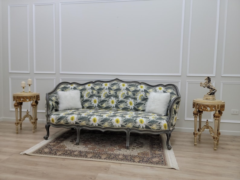 Vintage French Provincial Sofa – Floral Upholstered Settee, Louis XV ...