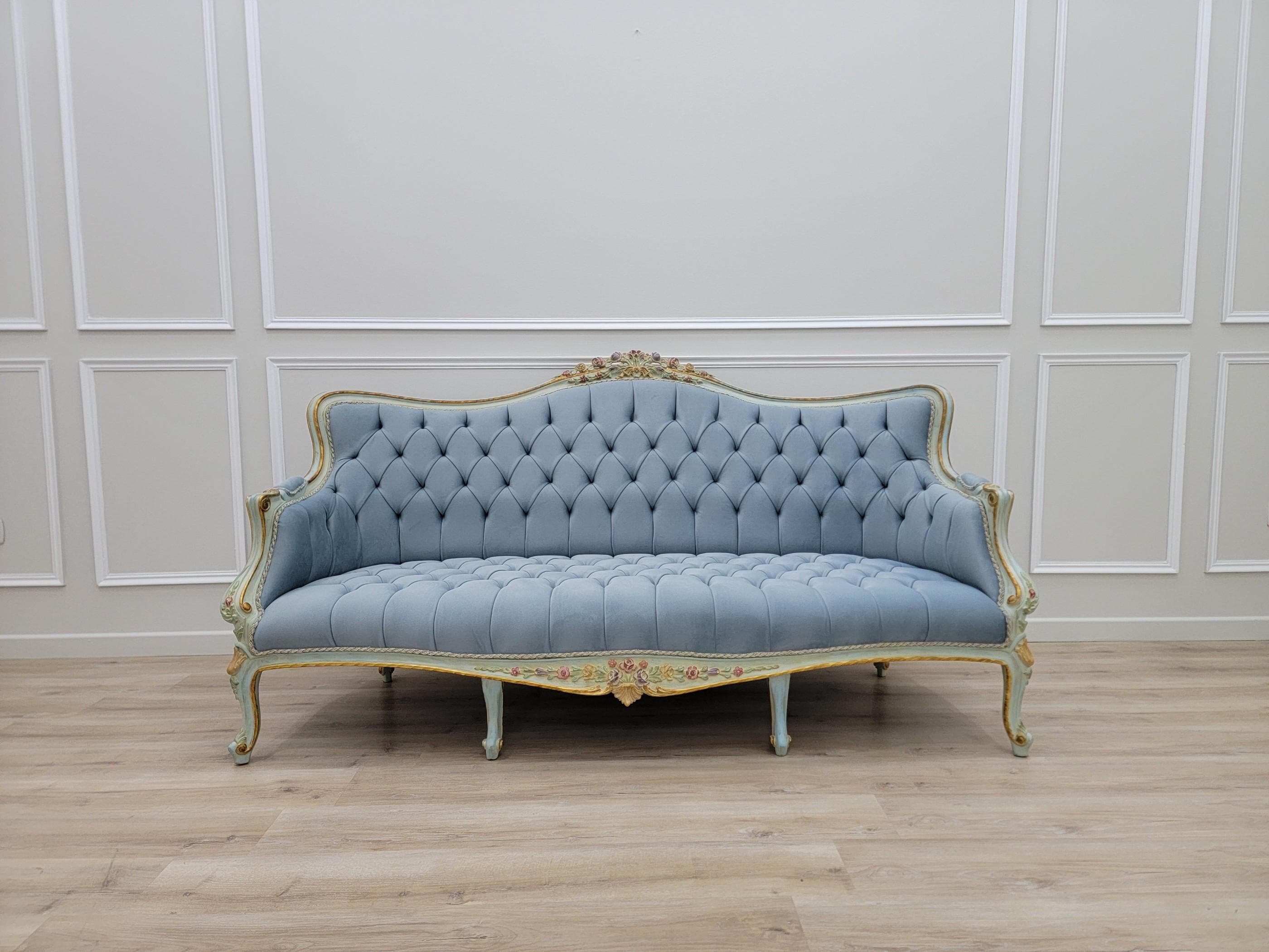 Sky Blue Tufted French Provincial Sofa | Hand-painted Floral Trim