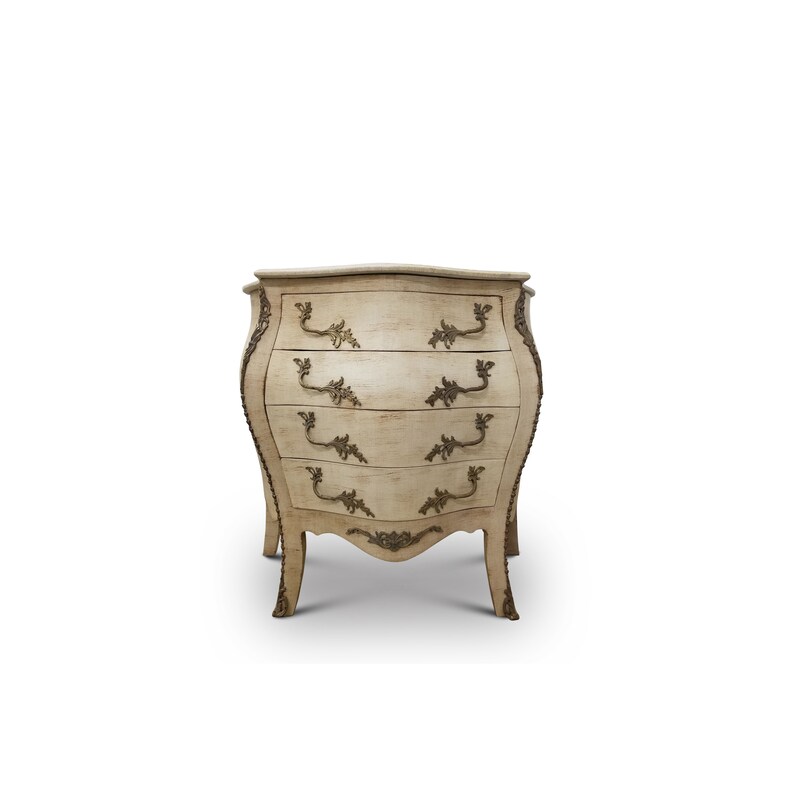 French Bombe Style Ivory Chippy Chic Finish,Marble Top Chest of Drawers