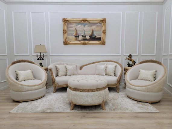 Vintage French Living Room Set: Linen Sofa, Chairs, Ottoman