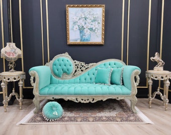 Victorian Style Chaise Lounge/ Antique aged Wood Finish /Hand Carved Wood Frame/ Tufted Mint Green  Velvet