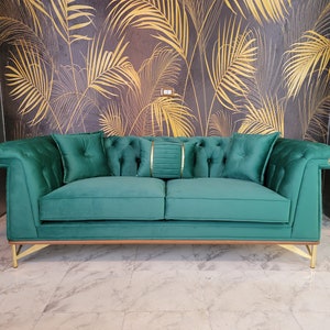87&#39;&#39; mid- century sofa Emerald Green Velvet Upholstery & Golden Metal Legs