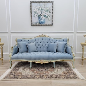 Sky Blue Tufted French Provincial Sofa | Hand-Painted Floral Trim, Louis XV Style Couch