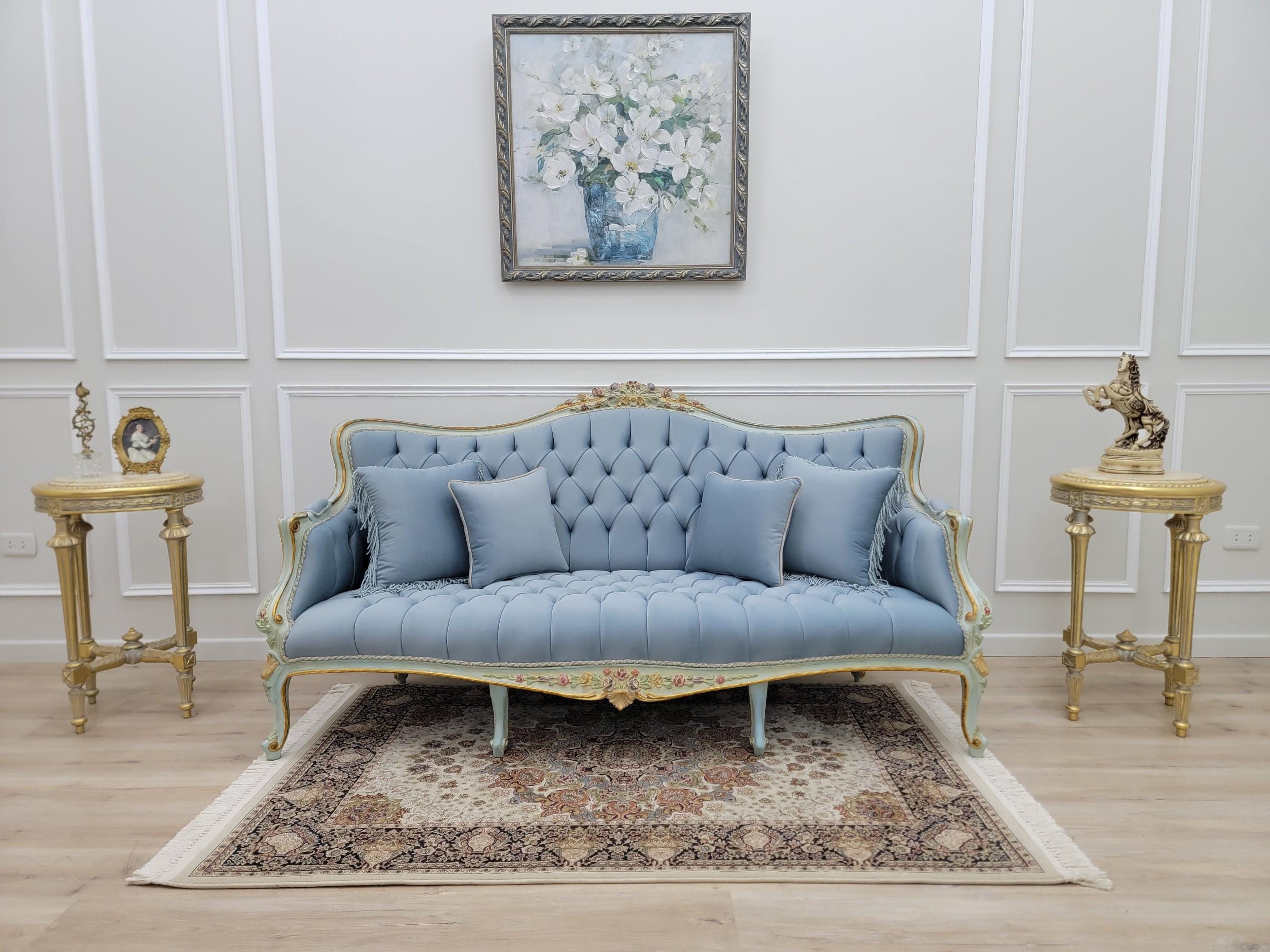 Sky Blue Tufted French Provincial Sofa | Hand-painted Floral Trim ...