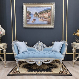 French Style Settee/ Powdered Gold Leaf Finish/ Hand Carved Wood Frame/ Tufted Sky Blue Velvet