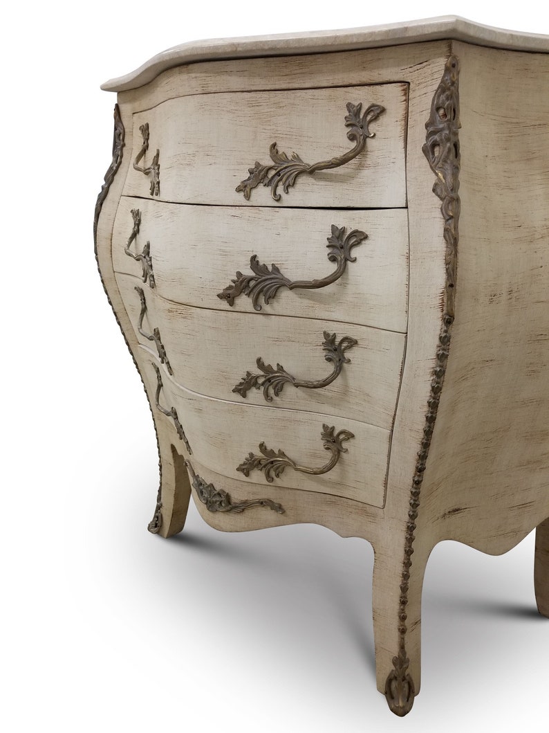French Bombe Style Ivory Chippy Chic Finish,Marble Top Chest of Drawers