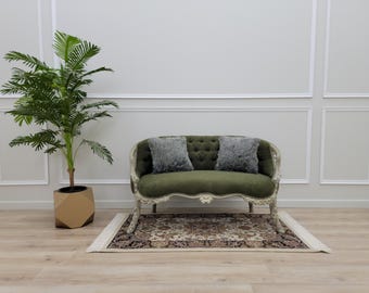 Enchanted Forest French Loveseat | Olive Green Tufted Settee with Ivory Carved Frame | Vintage Parisian Accent Sofa