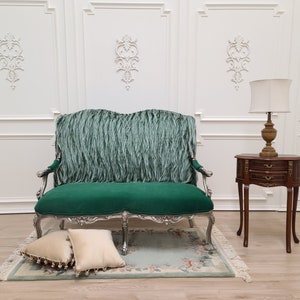 vintage French Settee, Aged Silver Finish, Emerald Green Velvet upholstered