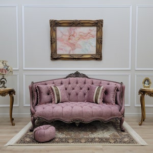 French Style Settee/ Distressed with Gold Leaf accent Finish/ Hand Carved Wood Frame/ Tufted reddish-purple Velvet
