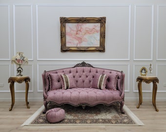 French Style Tufted Velvet Settee: Hand-Carved Wood Frame, Gold Leaf Accent