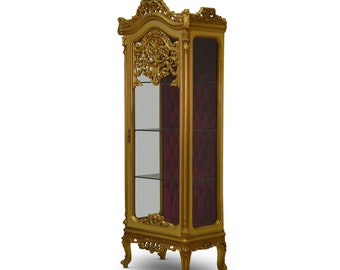 French style, 24K Gold Leaf , Hand carved, Antique Finish, Tufted Velvet, Curio Cabinet