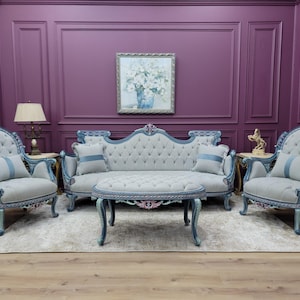 French Provincial Living Room Set | Hand Carved Baroque Sofa & Armchairs | Blue and Rose Gold Ornate Tufted 4-Piece Set