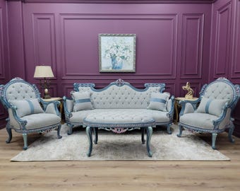French Provincial Living Room Set | Hand Carved Baroque Sofa & Armchairs | Blue and Rose Gold Ornate Tufted 4-Piece Set