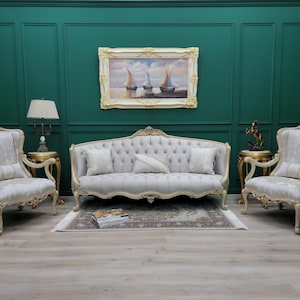French Vintage Set, Distressed Wood, Light Taupe Velvet & Silk , Sofa + Chairs