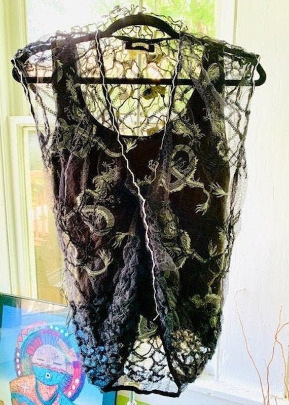 Designer lace top, 90s sheer women's black top, Vo