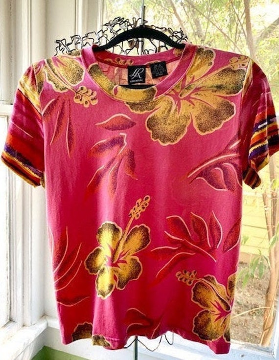 Silk tee, Vintage 90's summer women's flower pink