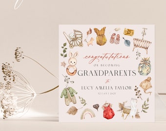 PERSONALISED New Baby Card | Boho Congratulations Grandparents Card | 148x148mm | Becoming Grandparents Card | Greeting Card for New Baby