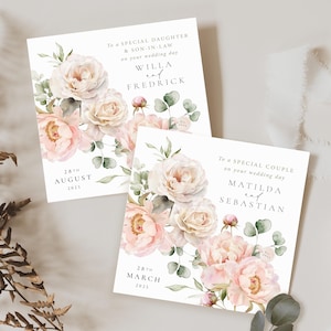GEPERSONALISEERDE pasgetrouwden bruid en bruidegom trouwkaart | Perzik, pioen, bloemen trouwdagkaart | Meneer en mevrouw | Net getrouwd | Gefeliciteerd kaart