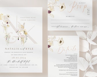 May include: A wedding invitation suite with a floral design. The invitation features a watercolor illustration of a floral bouquet with the letters "N" and "K" in a light gray color. The text reads "Natalia and Kyle request the honor of your presence on their special day 28.07.2024 The Bluebell Hotel at 1:30PM | Lindley Ln. | Marlborough | SN8 3PX Reception to follow". The RSVP card features a floral design and the text "Kindly RSVP by 28 03 24 Name(s) accept with pleasure decline with regret". The details card features a floral design and the text "Details Gifts If you were thinking of giving a gift... A gift of cash towards our home...  Directions The venue is approximately 7 miles from location of the hotel... Accommodation The Bluebell Hotel is a short walk down the same lane..."