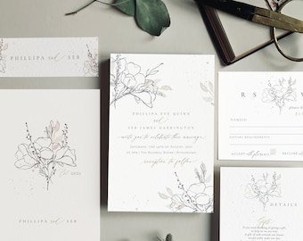 PENCIL FLORALS | Vintage Floral Wedding Invitations, Wedding Invites, Wedding Invite, Botanical Wedding Invitation Rustic | Floral-Sample