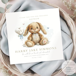 BÉBÉ NEVEU | Carte de félicitations pour bébé nièce, merci pour notre neveu, carte de petit garçon, carte de parents, lapin, nouveau-né, soeur, frère
