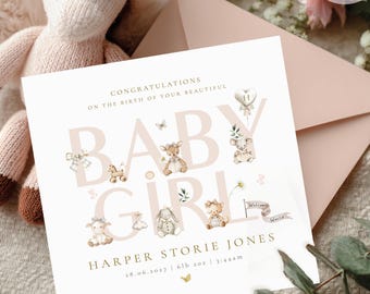 May include: A baby girl announcement card with the text "BABY GIRL" in soft pink. The card includes illustrations of baby animals and the name "HARPER STORIE JONES". A knitted horse toy and a pink envelope are also visible.