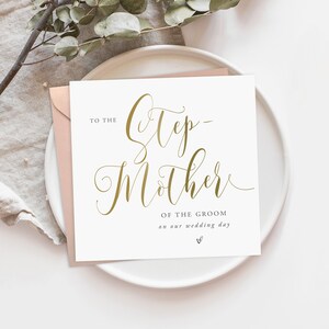 Gouden script voor de stiefmoeder van de bruidegom Trouwkaart | Ouders van de bruid Trouwkaart | Bruidsfeestkaart | Moeder Trouwkaart | Fe04