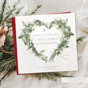 mr and mrs card
first christmas
married christmas
newlywed card
heart wreath
foliage card
greenery card
botanical card
handmade card
personalised
festive card
couple christmas
wedding card