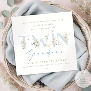 TWIN ENKELN Danke Glückwunschkarte, Baby-Mädchen, neue Babykarte, Blumenbabykarte, Geburtsandenken, neues Babygeschenk, Zwillings-Babyjungen