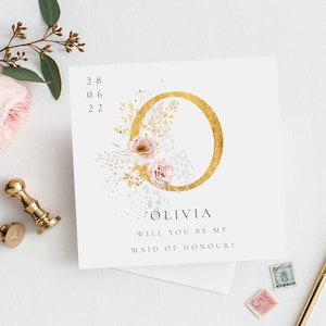 PERSONNALISÉ Monogramme initial Demoiselle d’honneur CARD |  Faux | d’or Merci d’être ma carte de demoiselle d’honneur| Serez-vous ma carte de demoiselle d’honneur