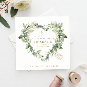 Carte de mariage personnalisée MARI|Carte de mariée verdure botanique| femme | Carte romantique de jeune mariée | Carte Un mot pour mon mari| Couronne coeur | Femme