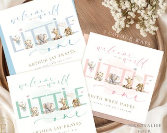 May include: Greeting cards with the text "welcome to the world LITTLE one" in blue, pink, and mint green. Each card features illustrations of a teddy bear, elephant, giraffe, and bunny. The cards are personalized with baby's name and birth details.