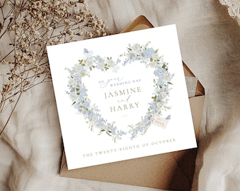 GEPERSONALISEERDE jonggehuwden bruid bruidegom bruiloft kaart | Blauwe gebladerte hart krans bruiloft dag kaart | Dhr. & mevrouw | Net getrouwd | Gefeliciteerd kaart