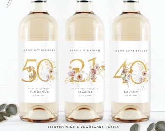 Personalised Floral Birthday Wine Label,Birthday Wine Label, 21st, 30th, 40th, 50, 60, 70, Personalised Wine Label| MILESTONE, Birthday Gift