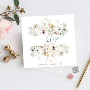 21e anniversaire JOYEUX PERSONNALISÉ | Jalon, carte d'anniversaire fleurs printanières | Fille, maman, amie | Carte d'anniversaire florale| 30, 40, 50