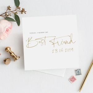 GEPERSONALISEERDE moderne gouden script 'Vandaag trouw ik met mijn beste vriend' trouwkaart aan mijn bruidegom | Bruidegom trouwkaart | Bruidegomkaart met goudeffect |FE31
