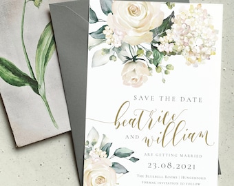 WATERCOLOUR ROSE | Floral Save the Date Invitation, Hydrangea, foliage, Wedding Invites, Wedding Invite, Botanical Invitation |Floral Invite